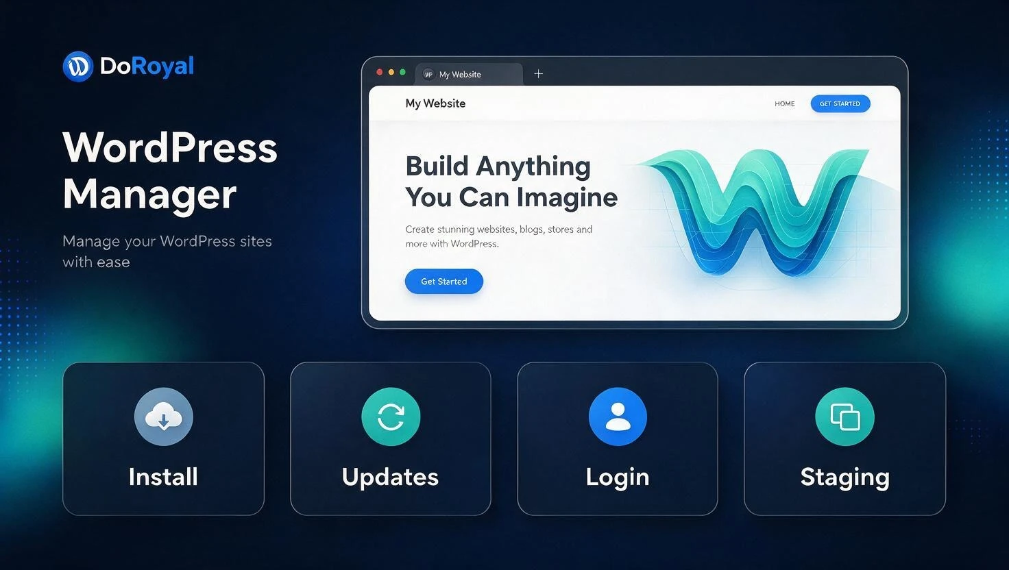 Concept illustration of WordPress installation, updates, login and staging tools