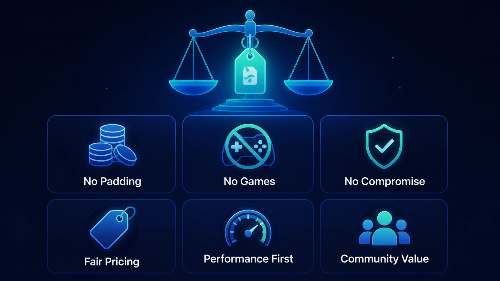 Concept illustration of DoRoyal pricing principles: no padding, no games, no compromise, fair pricing, performance first and community value
